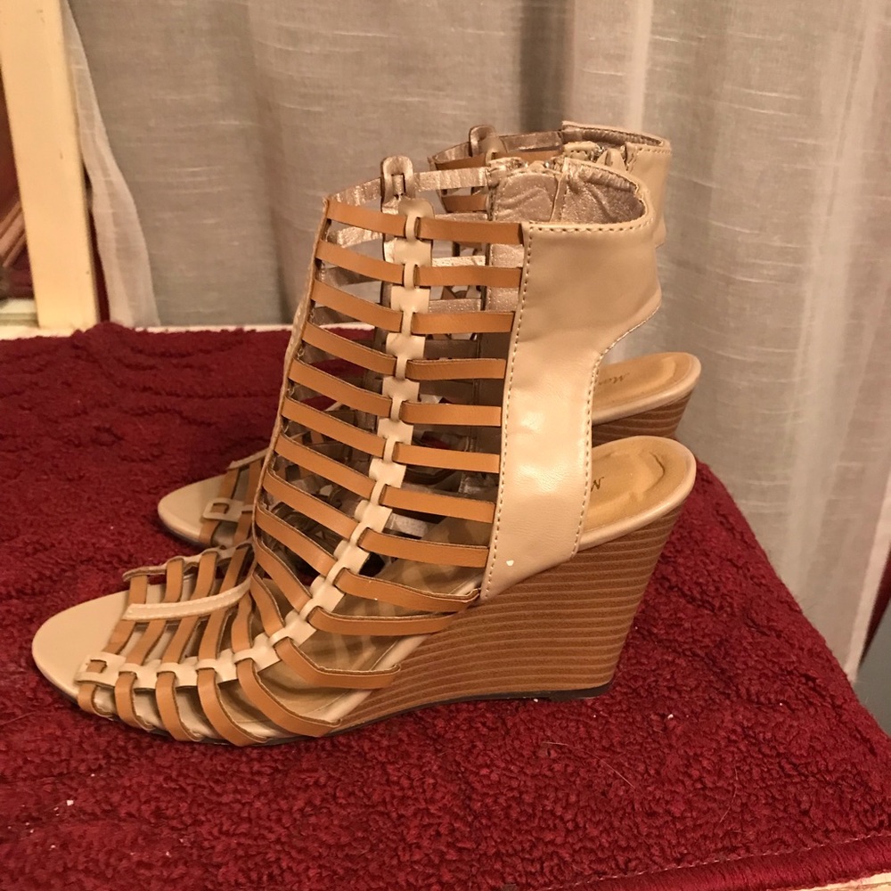 Beige Caged wedge sandals